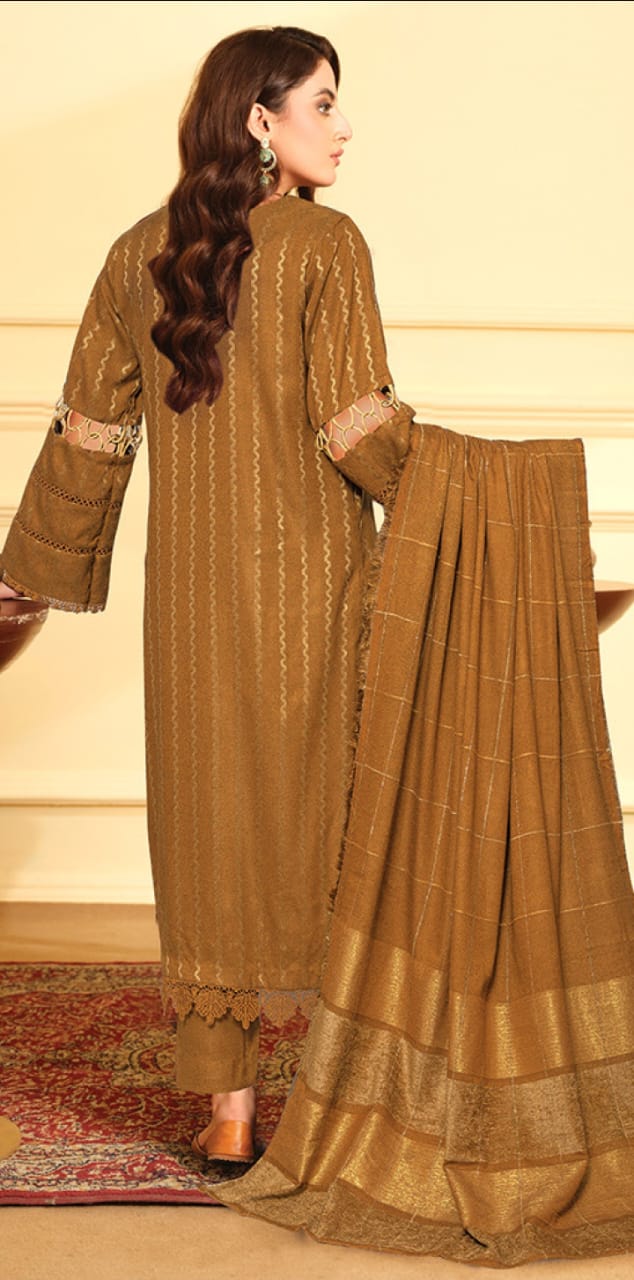 JOHRA FANCY JACQUARD PEACH LEATHER SHIRT WITH EXCLUSIVE VELVET JACQUARD ZARI PEACH SHAWL