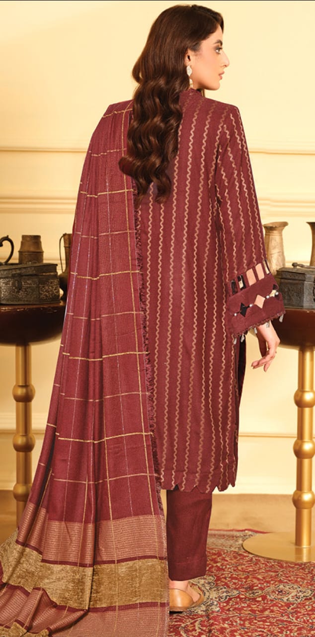 JOHRA FANCY JACQUARD LEATHER SHIRT WITH EXCLUSIVE VELVET JACQUARD ZARI PEACH SHAWL
