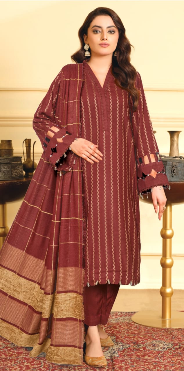 JOHRA FANCY JACQUARD LEATHER SHIRT WITH EXCLUSIVE VELVET JACQUARD ZARI PEACH SHAWL