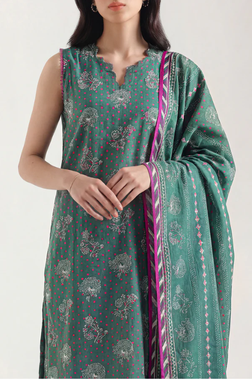 Saya 08-P07A 3pc Premium Printed Self Stripe Lawn Lawn Shirt & Dupatta