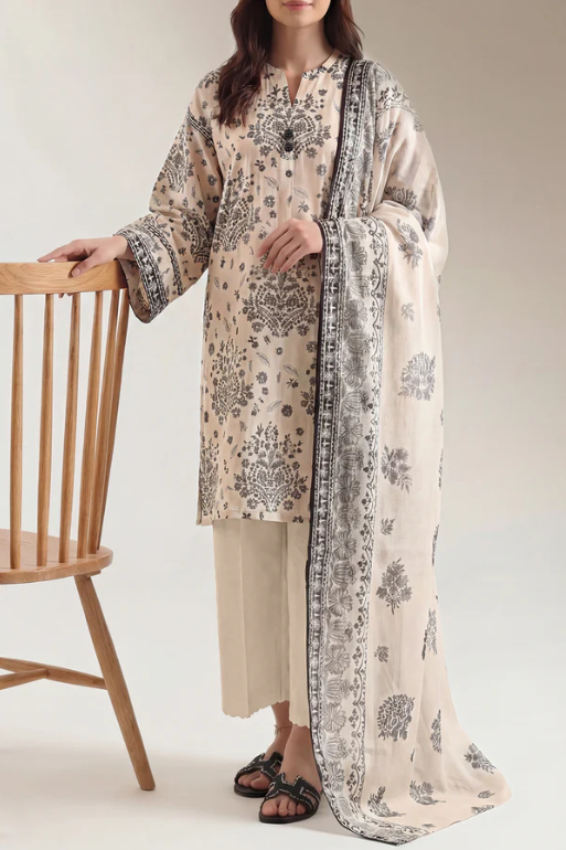 Saya 84-P04A 3pc Premium Printed Self Stripe Lawn Lawn Shirt & Dupatta