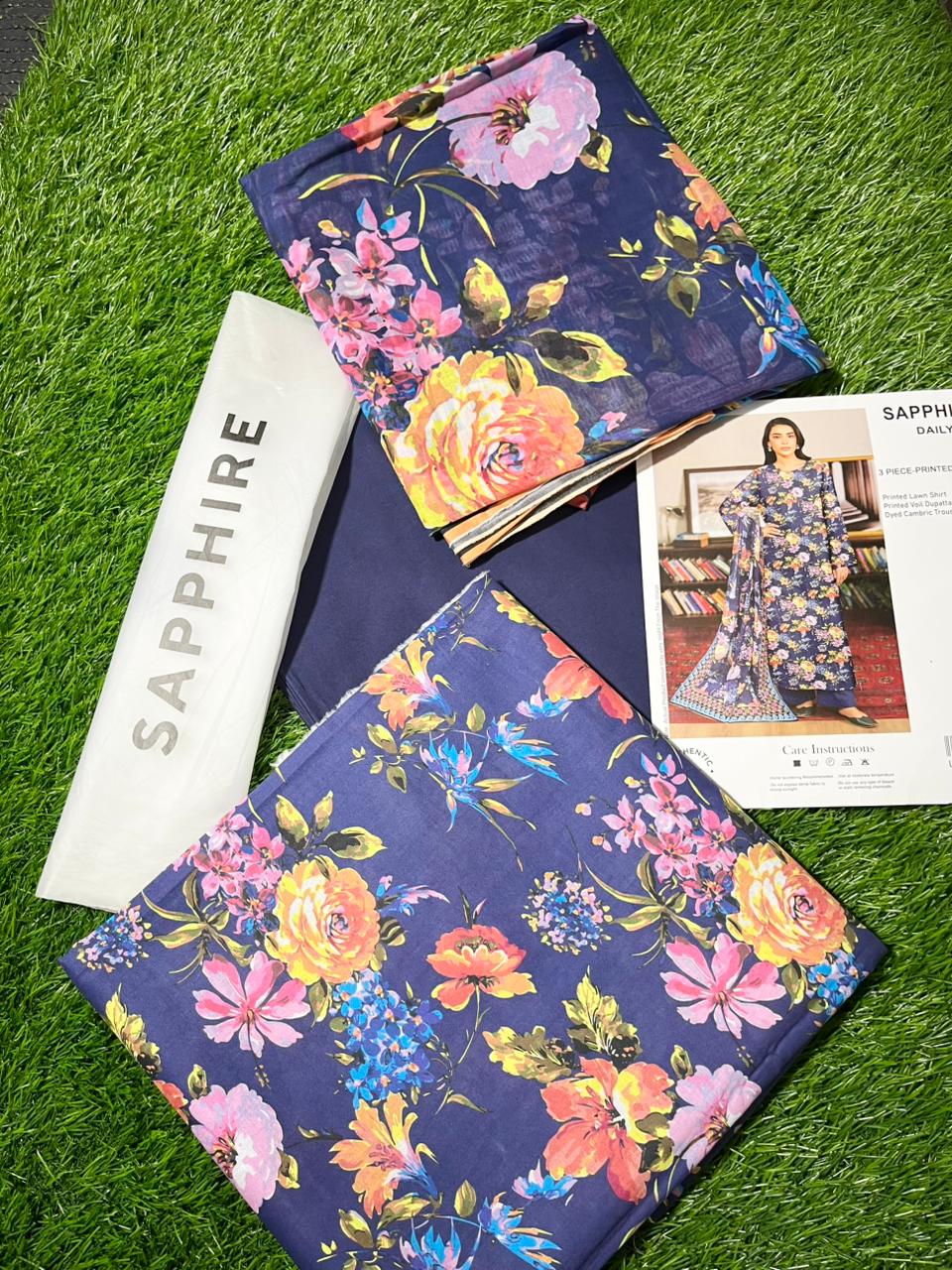 Sapphire Repeat 3pc Printed Lawn Shirt & Printed Voile Dupatta