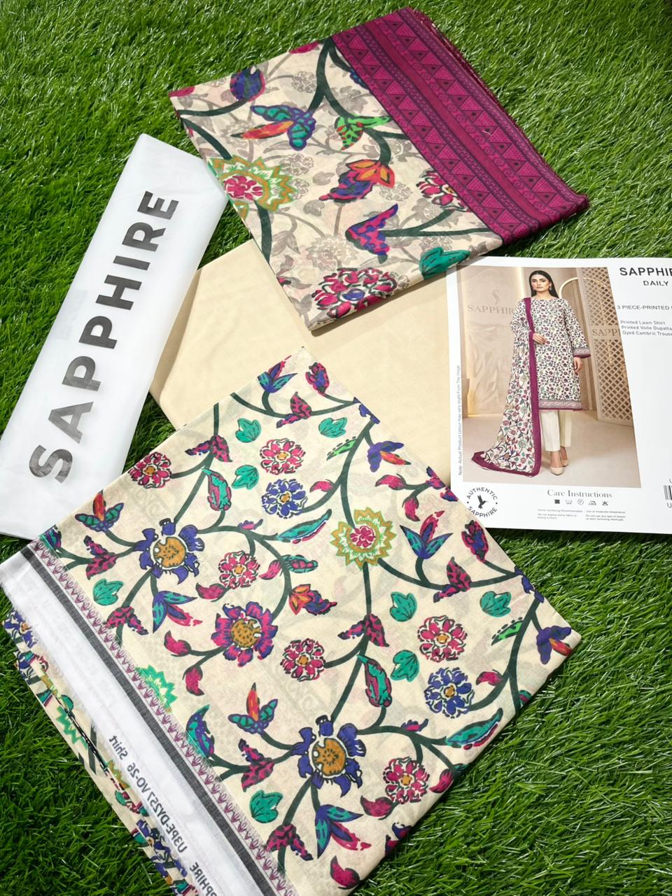 Sapphire Repeat 3pc Printed Lawn Shirt & Printed Voile Dupatta