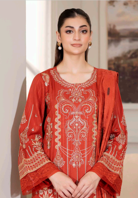 JOHRA AMISH EMBROIDERED WINTER DHANAK PEACH COLLECTION WITH BANARASI JACQUARD SHAWL