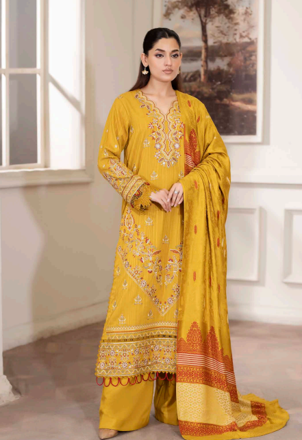 JOHRA AMISH EMBROIDERED WINTER DHANAK PEACH COLLECTION WITH BANARASI JACQUARD SHAWL