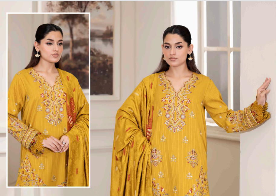 JOHRA AMISH EMBROIDERED WINTER DHANAK PEACH COLLECTION WITH BANARASI JACQUARD SHAWL