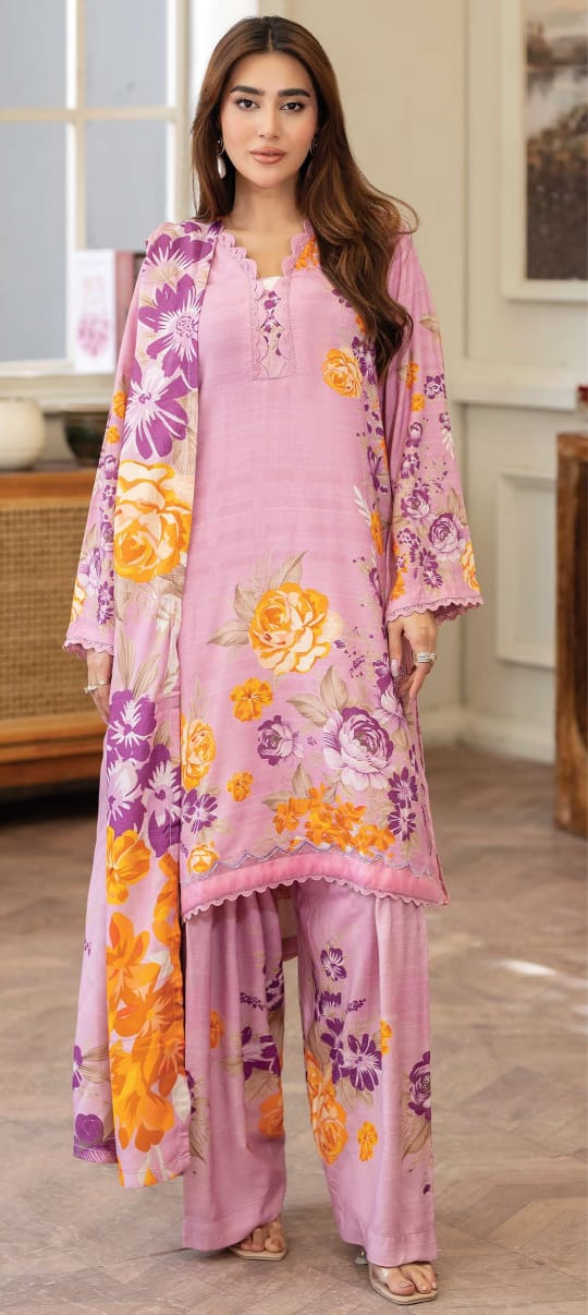 JOHRAH  Printed peach leather with wool  shawl printed peach leather trouser