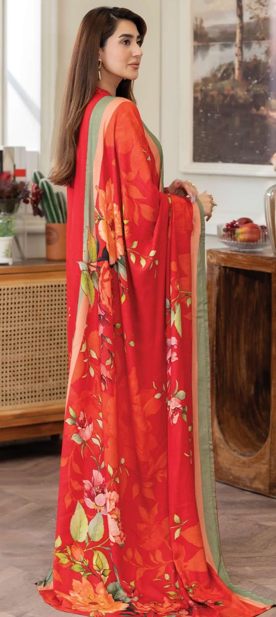 JOHRAH  Printed peach leather with wool  shawl printed peach leather trouser