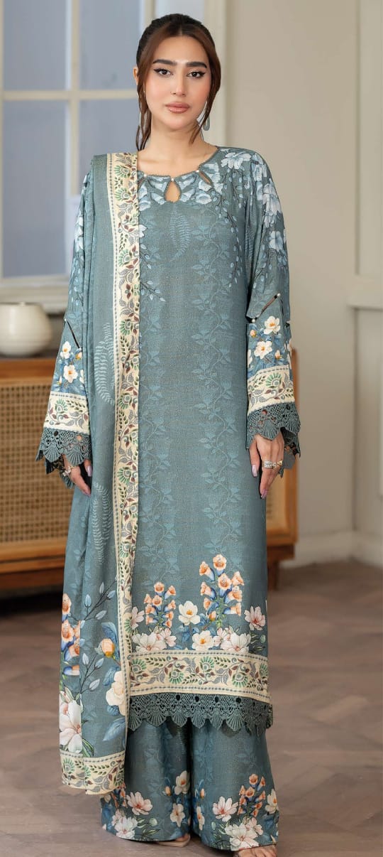 JOHRAH  Printed peach leather with wool  shawl printed peach leather trouser