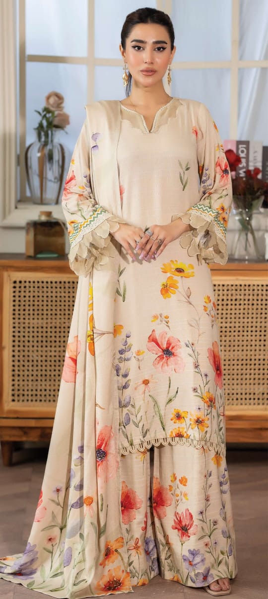 JOHRAH  Printed peach leather with wool  shawl printed peach leather trouser