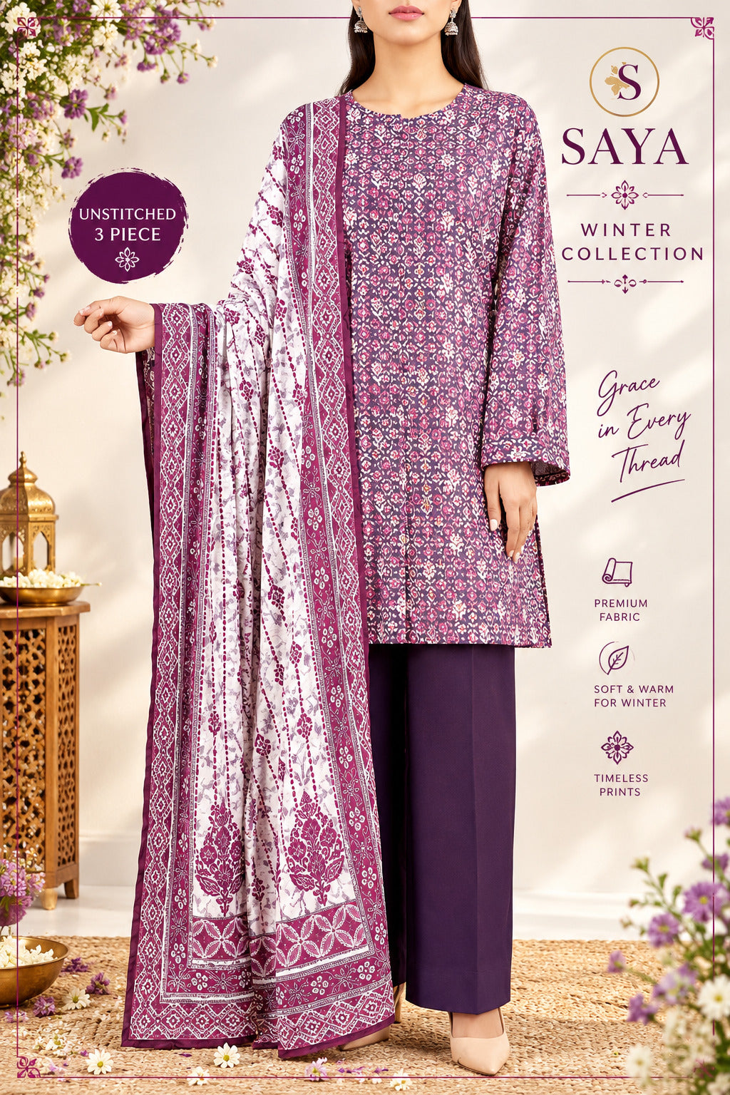 Saya Printed Premium Arabic Linen 3pc