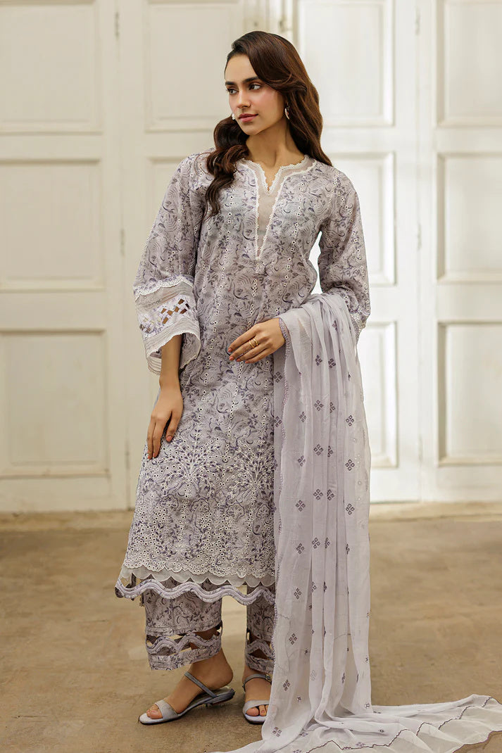 Zellbury 4030 Chikankari 3Pc Printed Embroidered Cotton with Dyed Embroidered Zari Chiffon Dupatta